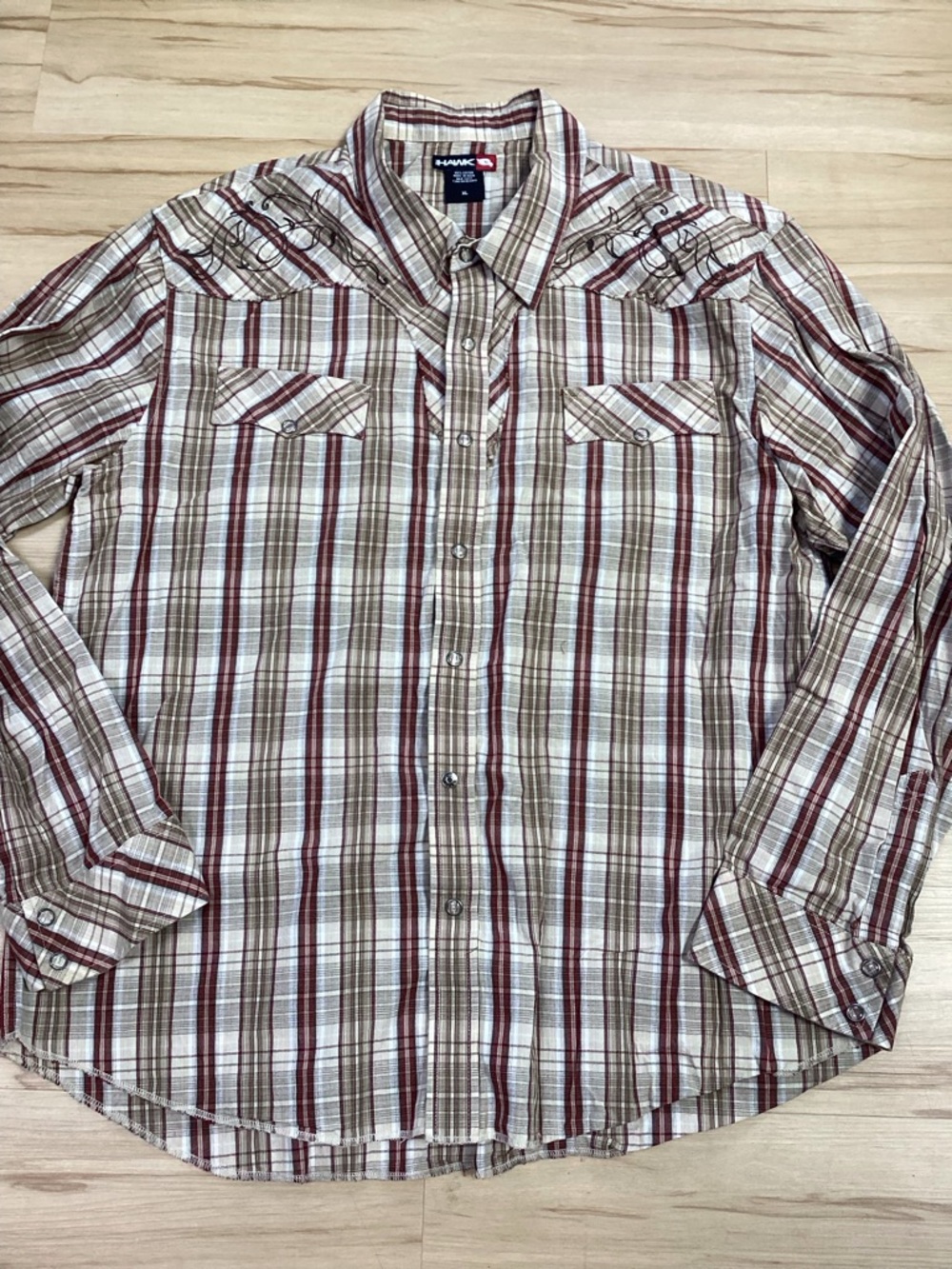 90’s Hawk Men's Brown Plaid Pearl Button Fringe Embroidered Western Shirt XL - Picture 2 of 10